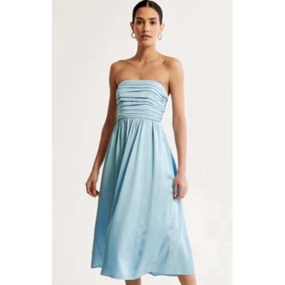 Abercrombie & Fitch Emerson Midi Dress S Blue Ruched Satin Strapless Minimalist